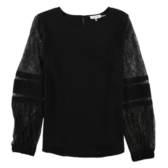 Calvin Klein Size L Black Lace Sleeve Elegant Blouse Top Classic Formal Neutral - Picture 1 of 12